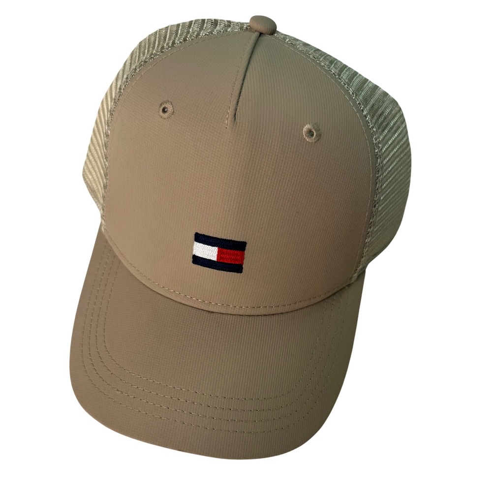 Tommy Hilfiger Men Tan Khaki Trucker Hat Mesh Snapback Flag Logo Cap